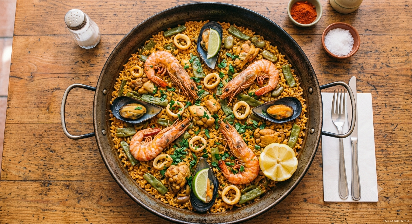 Spanische Paella mit Reis und mediterranen Zutaten