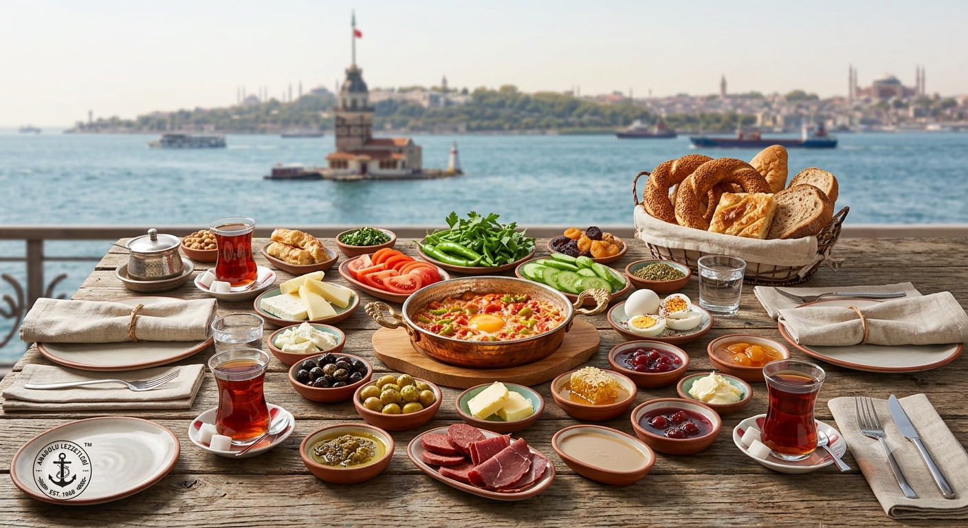 Traditionelles türkisches Frühstück mit Tee und verschiedenen Speisen