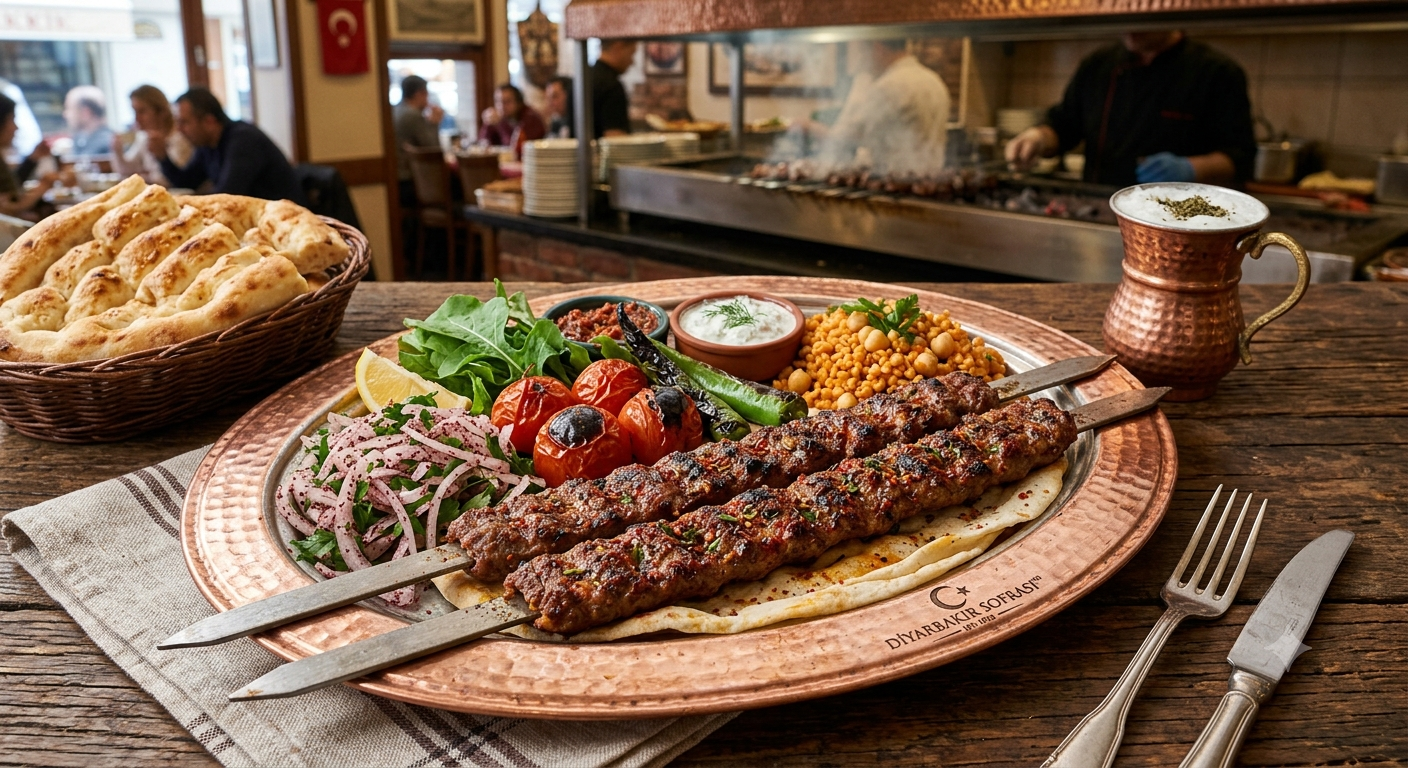 Türkischer Kebab mit Bulgur, Gemüse und Fladenbrot